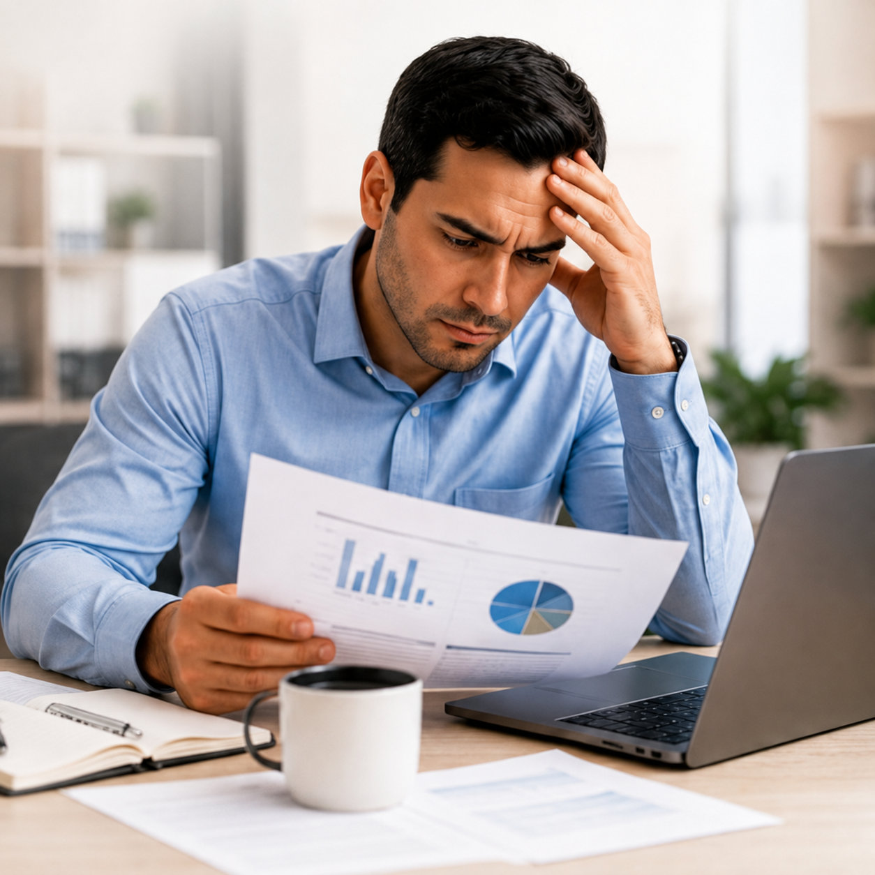 Empresario revisando preocupado información financiera y resultados de su negocio